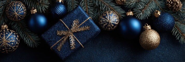 Decorative blue and gold Christmas ornaments and gift package arranged on evergreen branches for festive holiday decor