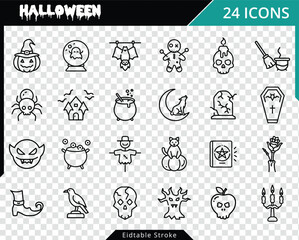 Collection of halloween themed doodle icons on a transparent background. Halloween Vector Icon Pack.