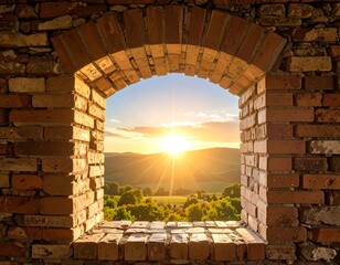 Sunset view through an arched brick window