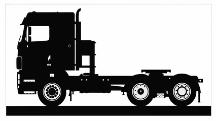 Silhouette of a semi truck tractor with visible wheels and cab on a solid black horizontal surface | editable eps vectors