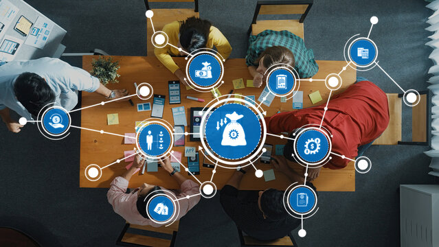 Top view of smart developer team stick idea about Ux Ui design on whiteboard. Smart programmer looking at laptop and present idea while investor listen plan and clap hand. Top view. Convocation. Amity