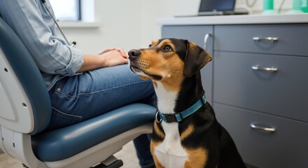 Calm dog sitting patiently in veterinary examination room during routine health checkup appointment. Pet healthcare and animal wellness concept banner