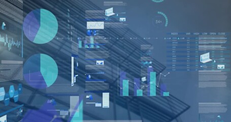 Animation of statistical data processing against low angle view of tall building - Powered by Adobe
