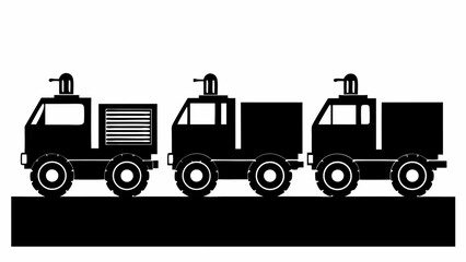 Fototapeta premium Three black military trucks with turrets in silhouette on a black ground against a white background | editable eps vectors