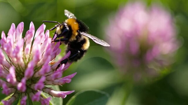detailed close-up graph of fuzzy buzzing insect gathering sweet liquid from blossoming pink flower