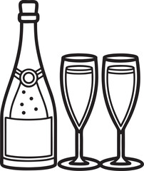 Outline of champagne bottle and two flutes wine alcohol