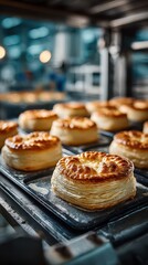 Freshly baked pastries displayed in a bakery setting during the morning rush hour