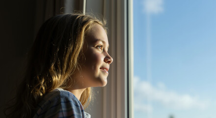 Thoughtful woman looking out window with natural light. Young female gazing outside during daytime reflection. Hope and contemplation concept for banner