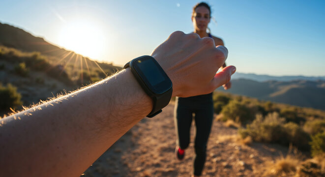 Fitness smartwatch on wrist with hiker silhouette against mountain sunrise landscape. Wearable technology and outdoor adventure tracking concept. Active lifestyle banner - Powered by Adobe