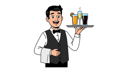Waiter serving beverages: A smiling waiter, clad in a classic uniform, balances a tray of refreshing beverages, offering a delightful display of service and hospitality.