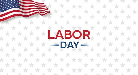 Obraz premium Elegant Labor Day design with red and blue typography and a flowing American flag, set against a subtle, patriotic star-patterned white background with copy space
