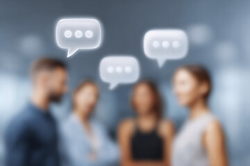 Digital dialogues visualized through floating speech bubbles, dialogues overlapping blurred group figures, dialogues representing modern communication complexity