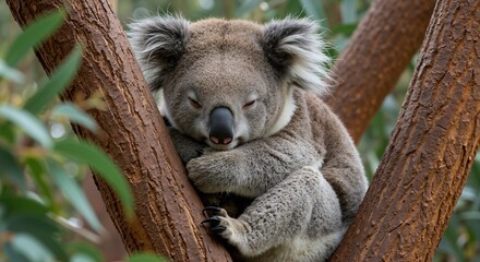 Obraz premium Adorable koala sitting on eucalyptus tree branch. Australian native marsupial in natural habitat. Wildlife conservation and endangered animal protection concept for banner