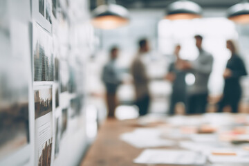 Fototapeta premium Pictures and mockups on a wall in a modern office with blurred people in the background. Collaborative work environment concept