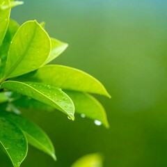 Fototapeta premium Close-up of vibrant green leaves with dew drops (1)