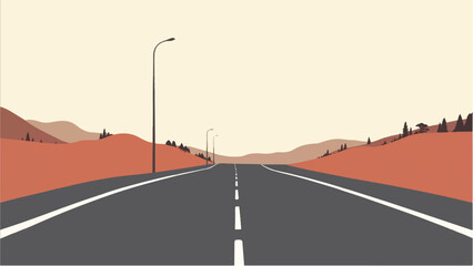 Road Through a Serene Desert Landscape. Minimalist Desert and Road Landscape Illustration