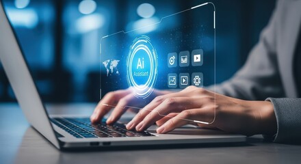 Person typing on laptop with futuristic ai interface and icons floating