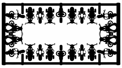 Aerial view of a parking lot filled with motorcycles neatly arranged in rows and columns in black and white | editable eps vectors silhouette