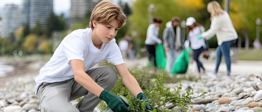 A young person in white attire collects trash along a rocky landscape, contributing to a community cleanup effort with others