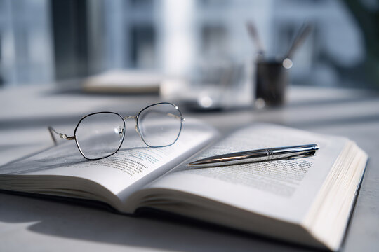 Attorney desk scene with open book, attorney mindset reflected in neat layout, attorney vision supported by elegant glasses and pen under soft natural light