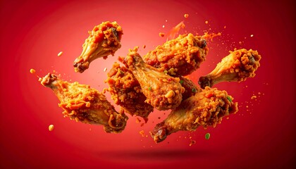 Crispy fried chicken pieces in mid-air against a vibrant red background