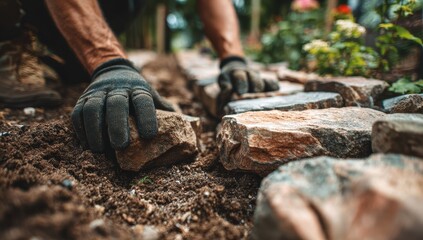 Fototapeta premium Vibrant photo of worker is laying flat stones on the garden path, wearing black gloves and boots. they carefully place each stone to create an elegant pathway in their backyard.