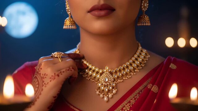 Elegant Lady in Traditional Jewelry Lit in Beautiful Candlelight During Karwa Chauth
