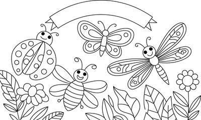 Cute Garden Insects Coloring Page:  Ladybug, Butterfly, Bee, Dragonfly, Flowers