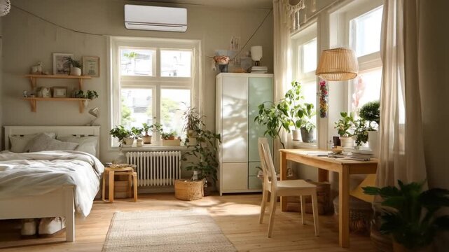 Cozy bedroom featuring natural light, wooden furniture, and a plethora of indoor plants