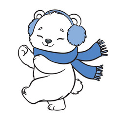 Cheerful polar bear cub in blue scarf and earmuffs walking joyfully. Cute winter animal illustration for holiday cards, children’s books, prints, and festive designs