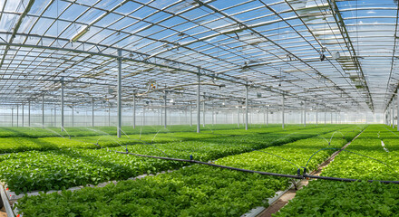 Automated Greenhouse Cultivation: Lush Green Crops Watered by Sprinklers Under Natural Light