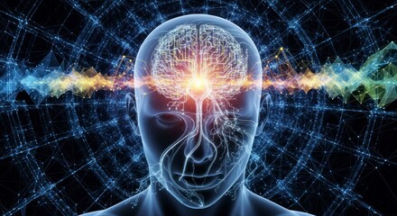 Obraz premium A digital illustration of a human head, showcasing a complex network of neural pathways and energy emanating from the brain.