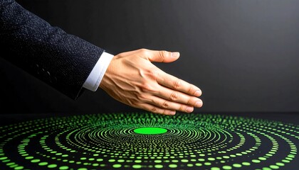 A person's hand outstretched over a circular, digital graphic pattern of small, lime-green dots on a dark background.