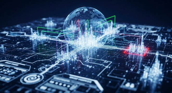 A digital representation of a city overlaid on a complex network of interconnected data streams, highlighting global connections and information flow.