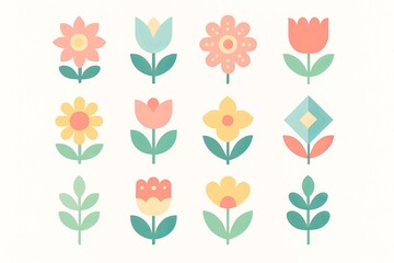Flat vector illustration of folkstyle spring flowers and leaves in pastel colors Easter summer seasonal decor theme