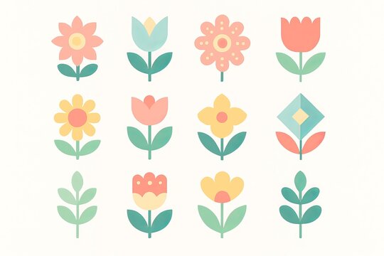Fototapeta Flat vector illustration of folkstyle spring flowers and leaves in pastel colors Easter summer seasonal decor theme