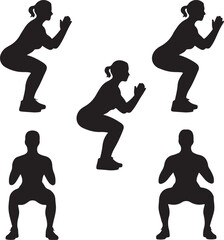 Black silhouette of people performing squats exercise on white background fitness workout