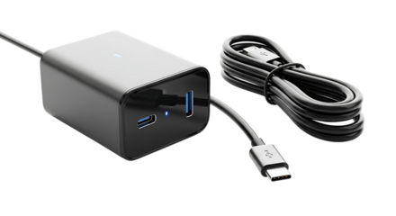 Closeup of a black usb typec power adapter with cable, designed for fast charging of electronic devices, isolated on transparent background