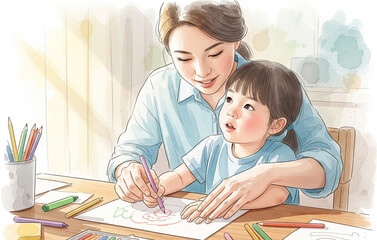 Fototapeta premium A digital watercolor painting of a teacher guiding a child’s hand to draw, with soft pastel tones/ teacher day poster/minimalistic