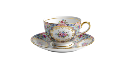 Closeup of a vintage porcelain tea cup and saucer with floral pattern and gold accents, isolated on transparent background