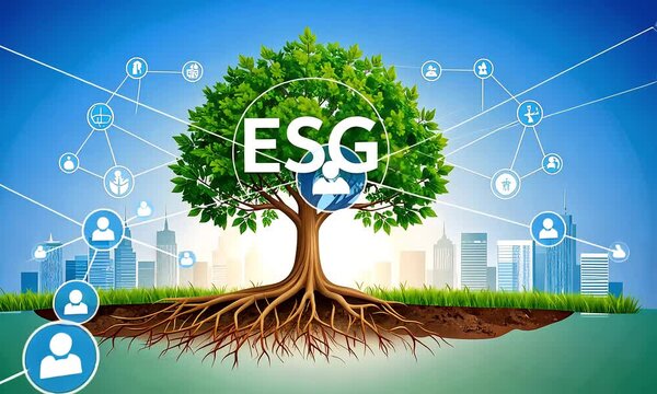 Esg concept illustration with tree over city skyline