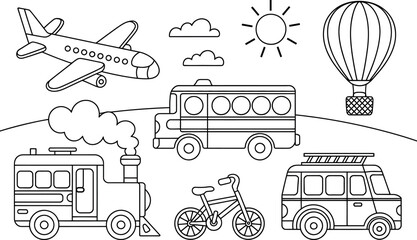 Fototapeta premium Cheerful Line Art Transportation Set: Airplane, Bus, Train, Van, Bike, Hot Air Balloon