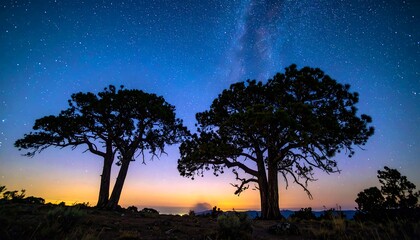 Silhouetted trees at twilight are set against a milky way-filled, vivid blue night sky