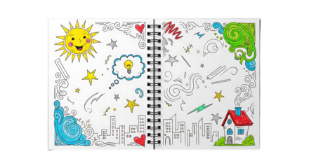 Open notebook with colorful doodles of sun, stars, city, house, and other whimsical drawings isolated on transparent background, perfect for creative projects and artistic designs