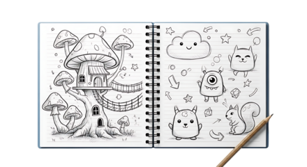 Open notebook with black and white doodles of mushroom house, clouds, monsters, cat, and squirrel isolated on transparent background, great for creative and artistic designs