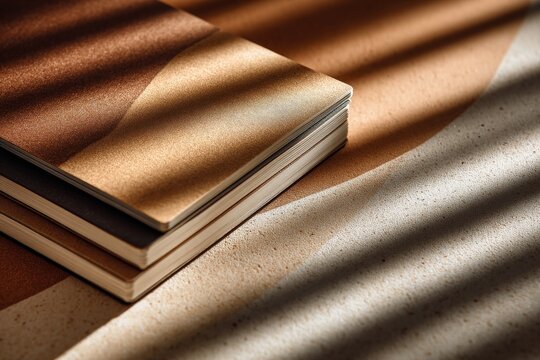 Textured notebook stack in warm morning window light with soft shadows for stationery branding and editorial layouts