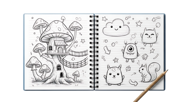Open notebook with black and white doodles of mushroom house, clouds, monsters, cat, and squirrel isolated on transparent background, great for creative and artistic designs