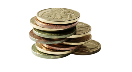 Stack of various coins isolated on transparent background, representing wealth, investment, and financial security in a clean and minimalist composition
