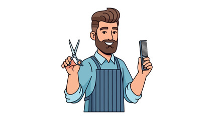 Barber with Tools: A stylish barber, complete with a groomed beard, poised with scissors and comb in a studio environment