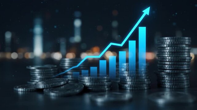 Financial growth and investment strategies showing progress through coin stacks and ascending graph